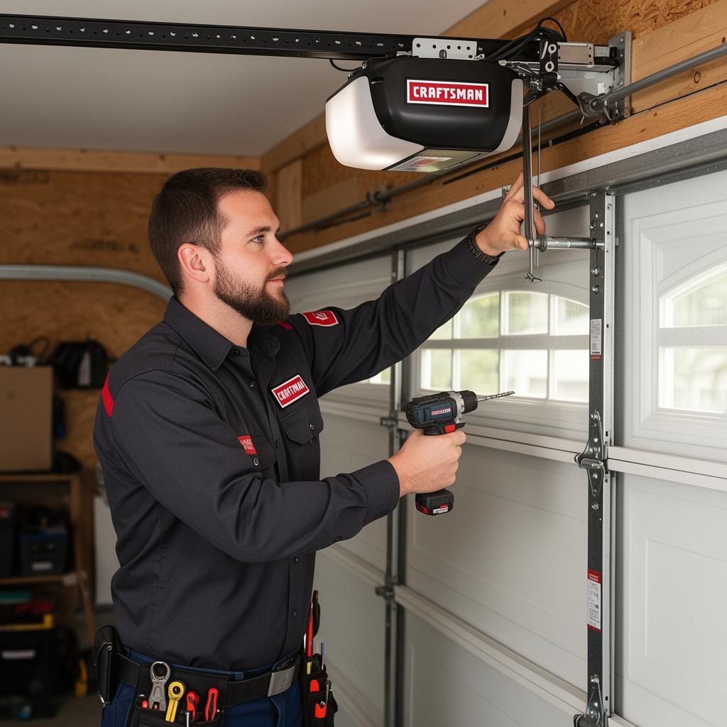 Expert garage door technician demonstrating skilled craftsmanship during installation